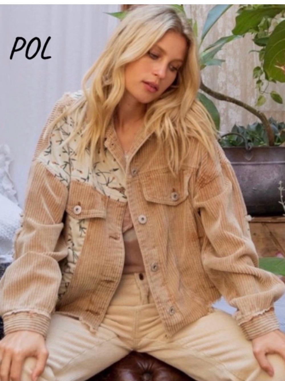POL Oversized Corduroy Distressed Patchwork Floral Shacket Boho Raw Edge Jacket - Picture 2 of 12
